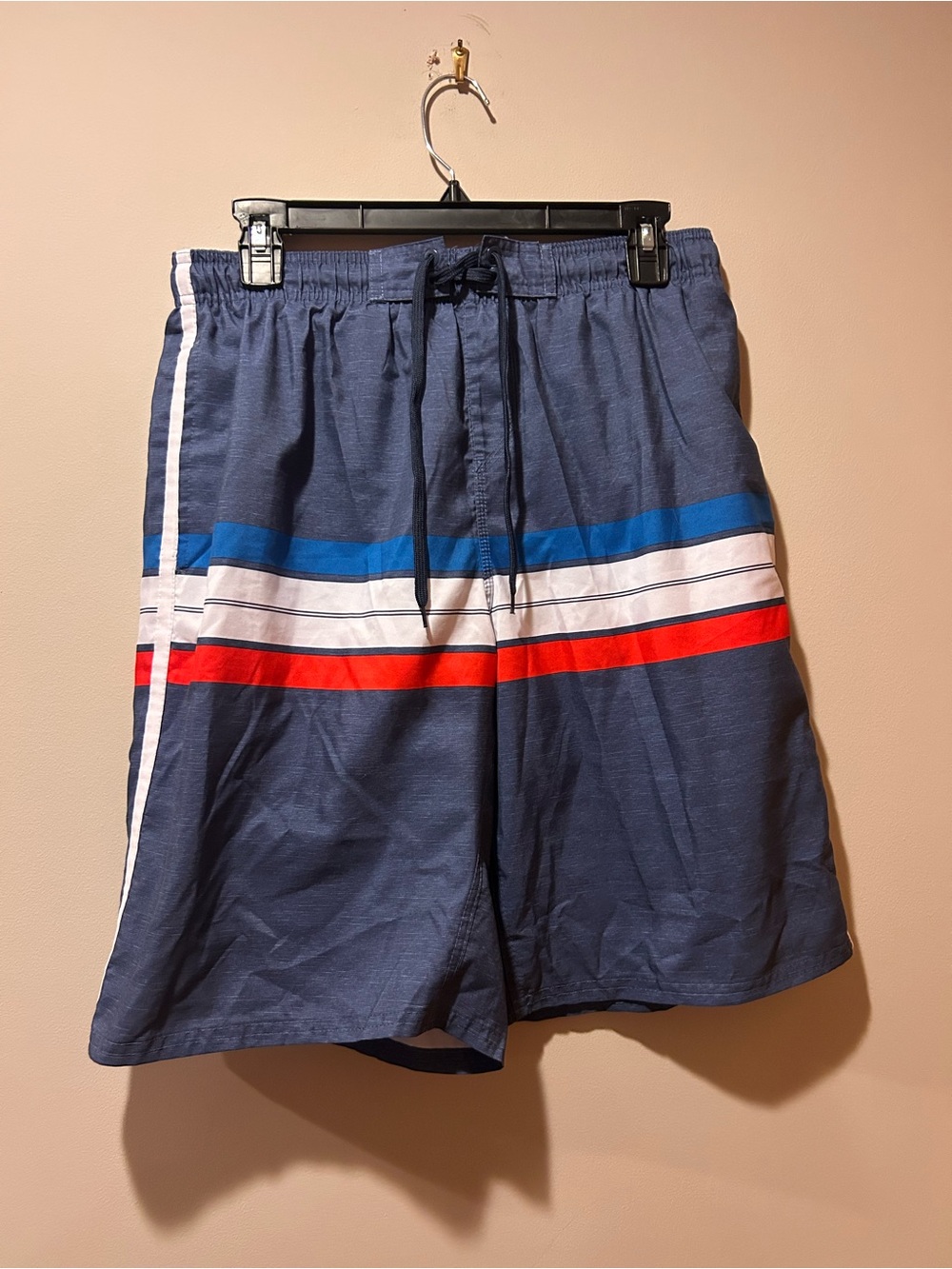 Men’s Swim Shorts Trunks Burnside Medium Striped Blue Red White Lined Pockets